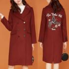 Embroidered Back Double Breasted Long Coat