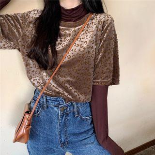 Elbow-sleeve Leopard Print Velvet T-shirt
