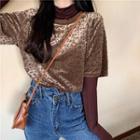 Elbow-sleeve Leopard Print Velvet T-shirt