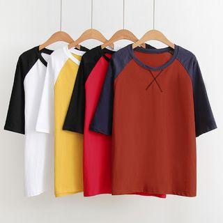 Color Panel Raglan Elbow Sleeve T-shirt