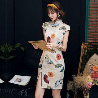 Printed Cap-sleeve Slit Mini Qipao