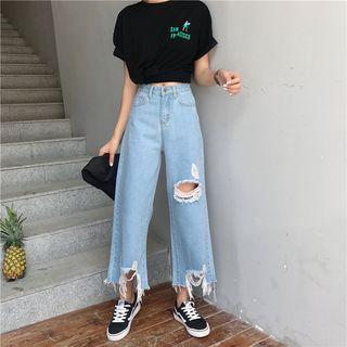 Ripped Wide Leg Washed Jeans