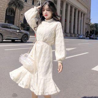 Belted Waist Mock Neck Lace Midi Dress