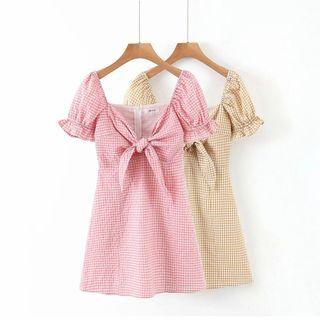 Short-sleeve Bow Check Mini A-line Dress