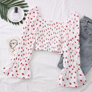 Strawberry-print Long-sleeve Smocked Crop Blouse White - One Size