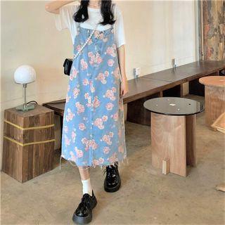 Floral Print Distressed Midi A-line Denim Overall Dress