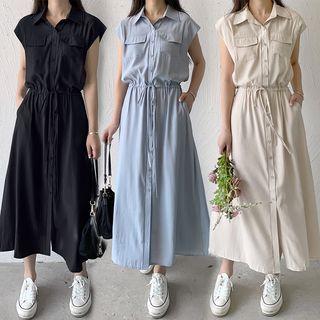 Sleeveless Plain Linen Shirt Dress
