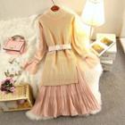 Set: Mock-neck Long-sleeve Midi Dress + Mock-sleeve Long Knit Vest