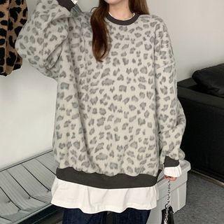 Leopard Print Mock Two-piece Sweatshirt