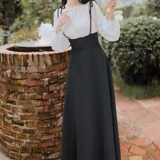 Set: Plain Blouse + Maxi A-line Overall Dress