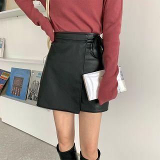 Tie-waist Mini A-line Faux Leather Skirt