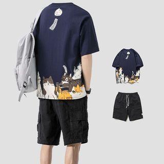 Elbow-sleeve Cat Print T-shirt / Cargo Shorts
