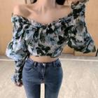 Long-sleeve Floral Cropped Chiffon Top As Shown In Figure - One Size