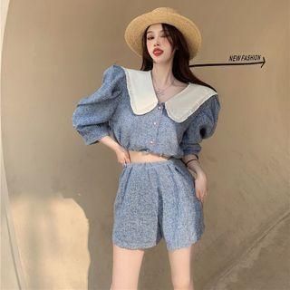Elbow-sleeve Floral Print Cropped Blouse / Shorts