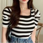 Short-sleeve Square-neck Striped Knit Top Stripes - Black & White - One Size