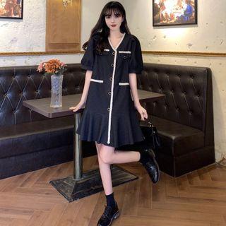 Puff-sleeve Contrast Trim Smock Dress