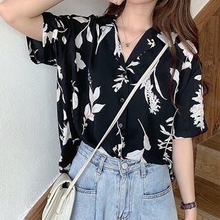 Leaf Print Short-sleeve Shirt Black - One Size
