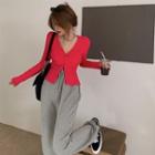V-neck Plain Single Breasted Cardigan / Straight-cut Pants
