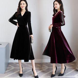 Long-sleeve Pleuche Midi A-line Dress