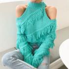 Fringed Cold Shoulder Sweater Bluish Green - One Size