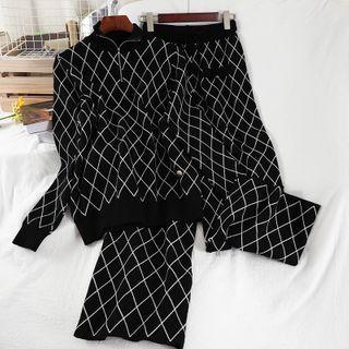 Set: Plaid Sweater + Wide-leg Knit Pants Sweater - Black - One Size / Pants - Black - One Size