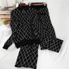Set: Plaid Sweater + Wide-leg Knit Pants Sweater - Black - One Size / Pants - Black - One Size