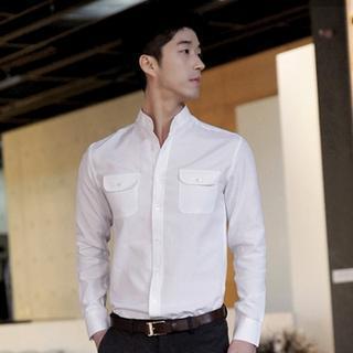 Mandarin-collar Pocket-front Shirt