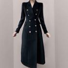 Long-sleeve V-neck Double-breasted Midi A-line Dress