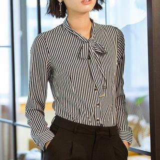 Striped Tie-neck Long-sleeve Shirt