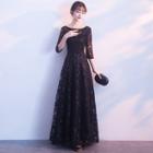 3/4 Sleeve Sequined Embroidered A-line Evening Gown