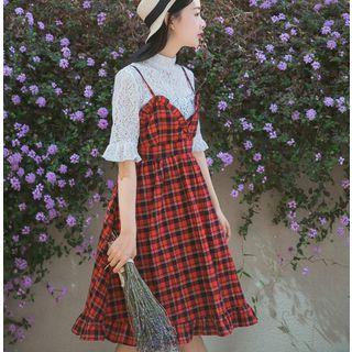 Set: Short-sleeve Lace Top + Plaid A-line Strappy Dress