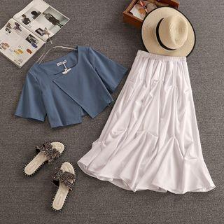 Set: Short-sleeve Slit Crop Top + Midi A-line Skirt