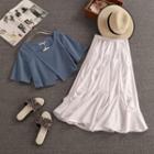 Set: Short-sleeve Slit Crop Top + Midi A-line Skirt