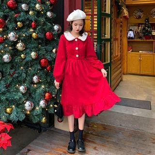 Peter Pan Collar Puff-sleeve Dress Red - One Size