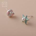 925 Sterling Silver Faux Pearl Shell Starfish Earring 1 Pair - As Shown In Figure - One Size