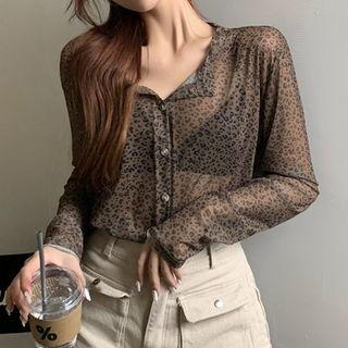 Long-sleeve Leopard Print Mesh Top Leopard Print - Brown - One Size