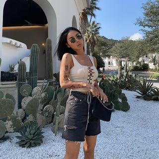 Square-neck Plain Drawstring Cropped Tank Top