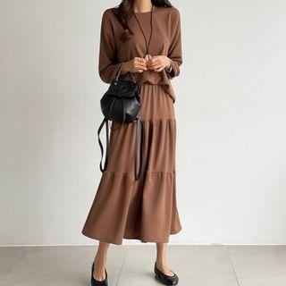 Set: Round-neck Textured Top + Tiered Maxi Skirt