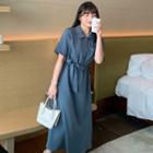 Short-sleeve Plain Elastic-waist Shirtdress
