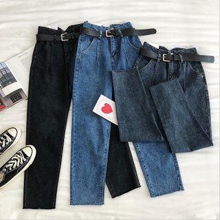 Plain High-waist Straight Cut Jeans With Belt