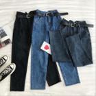 Plain High-waist Straight Cut Jeans With Belt