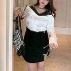 Lace Panel Cold-shoulder Blouse / Mini A-line Skirt