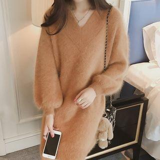 V-neck Furry Sweater Dress