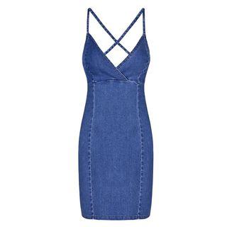 Open Back Spaghetti Strap Mini Denim Sheath Dress
