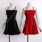 Mock Two-piece Sheer-panel Velvet A-line Dress