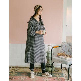 Balloon-sleeve Plaid Long Shirtdress One Size