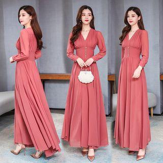 V-neck Long-sleeve A-line Maxi Chiffon Dress