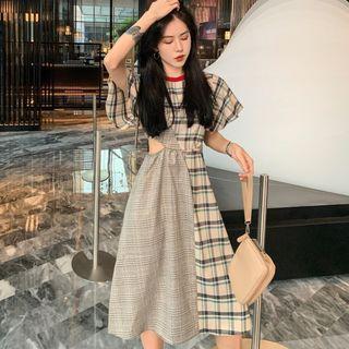 Cut-out Short-sleeve Plaid Panel A-line Midi Dress