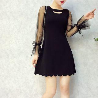 Cutout Mesh Panel Long-sleeve Dress