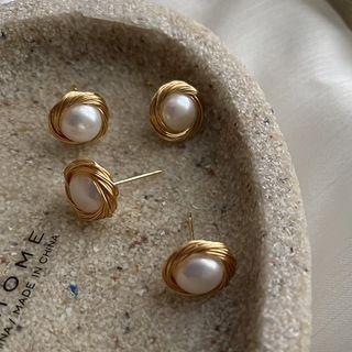 Faux Pearl Alloy Earring E125 - 1 Pair - Gold & White - One Size